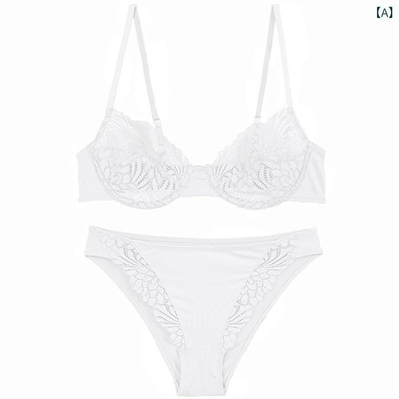 ブラジャー &amp; ショーツ レディース 薄手 ノンパッド ワイヤー入り 通気性 レース 花柄 セクシー ラ..