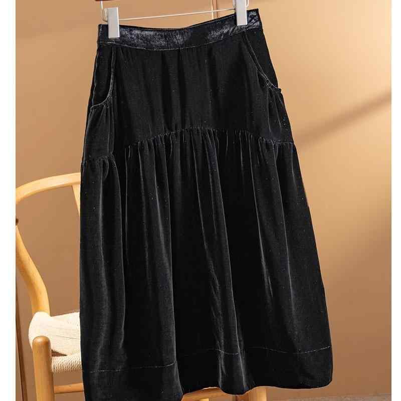 スカート レディース Aライン 高見え ベルベット ミモレ丈 秋冬 ポリエステル ブラック 無地 スタイルアップ きれいめ 上品 フェミニン