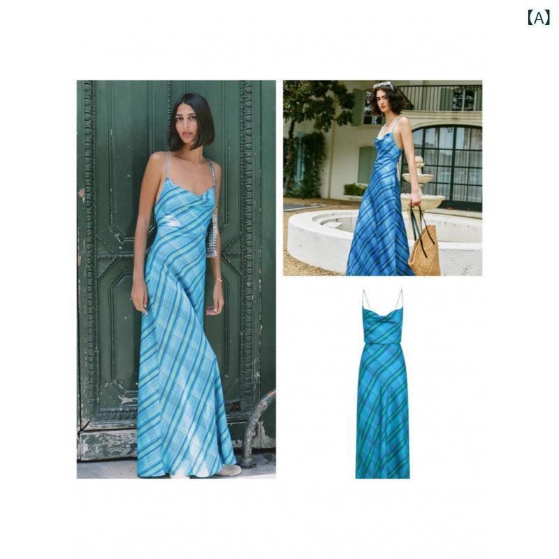 ワンピース レディース 吊りスカート ロング丈 高腰 コットン 幾何学柄 切り替え 無袖 一字襟 ドッキン..