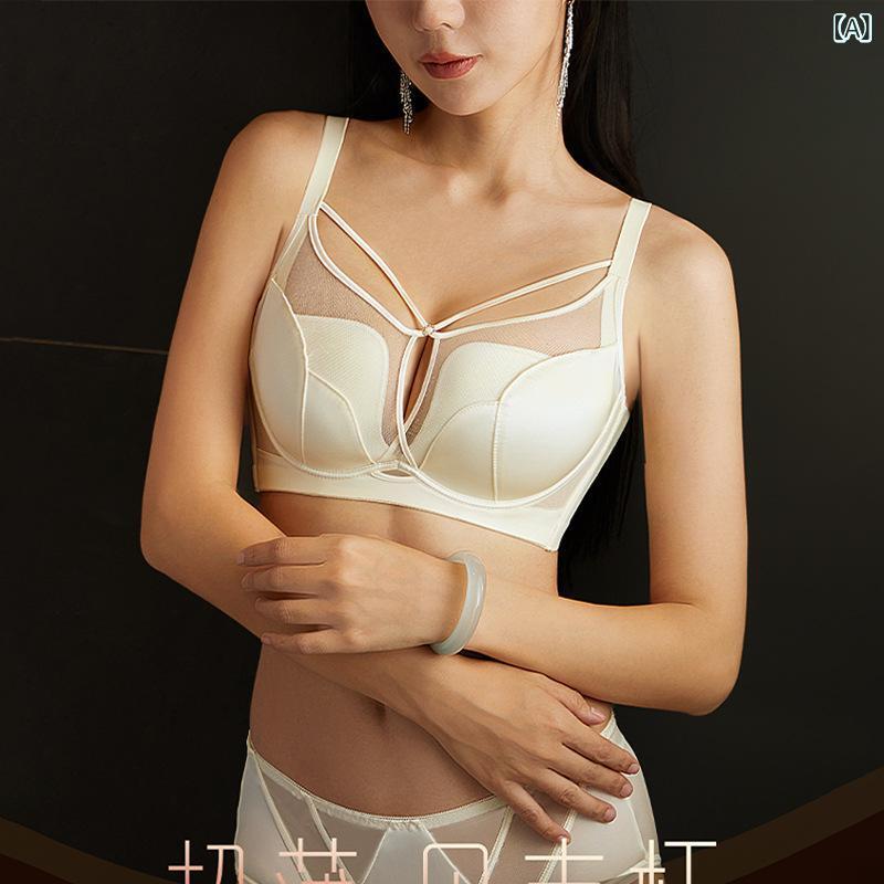 ブラジャー レディース 超薄型 通気性 寄せ上げ 3/4カップ 補正 ソフトワイヤーブラ セット シャンパン..