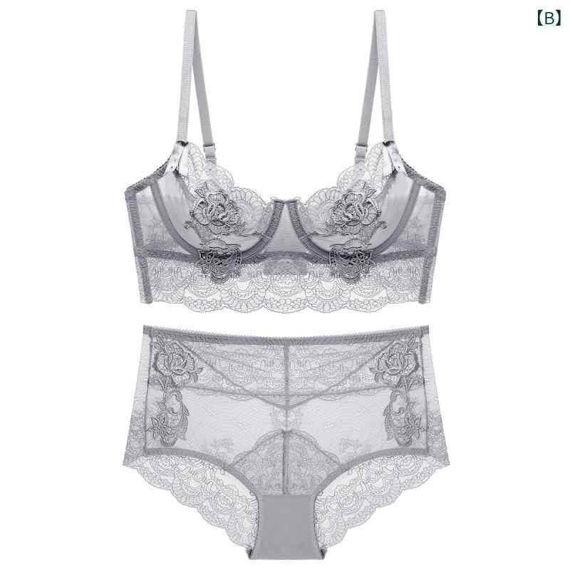 ブラジャー &amp; ショーツ セット レディース 超薄型 レース 3/4カップ バストアップ 通気性 ピンク系..