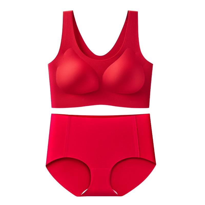 ブラジャー &amp; ショーツ レディース 背心式 中国紅 3/4カップ 薄型 無痕 ワイヤーレス 谷間メイク ..