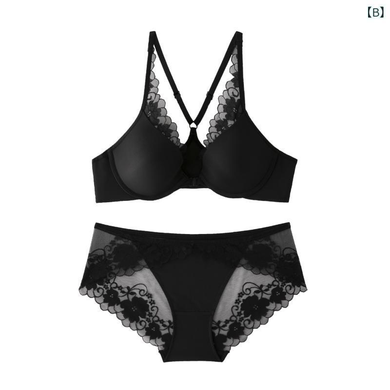 ブラジャー &amp; ショーツ レディース レース 前開き 薄手 3/4カップ バストアップ 通気性 ノンワイヤ..
