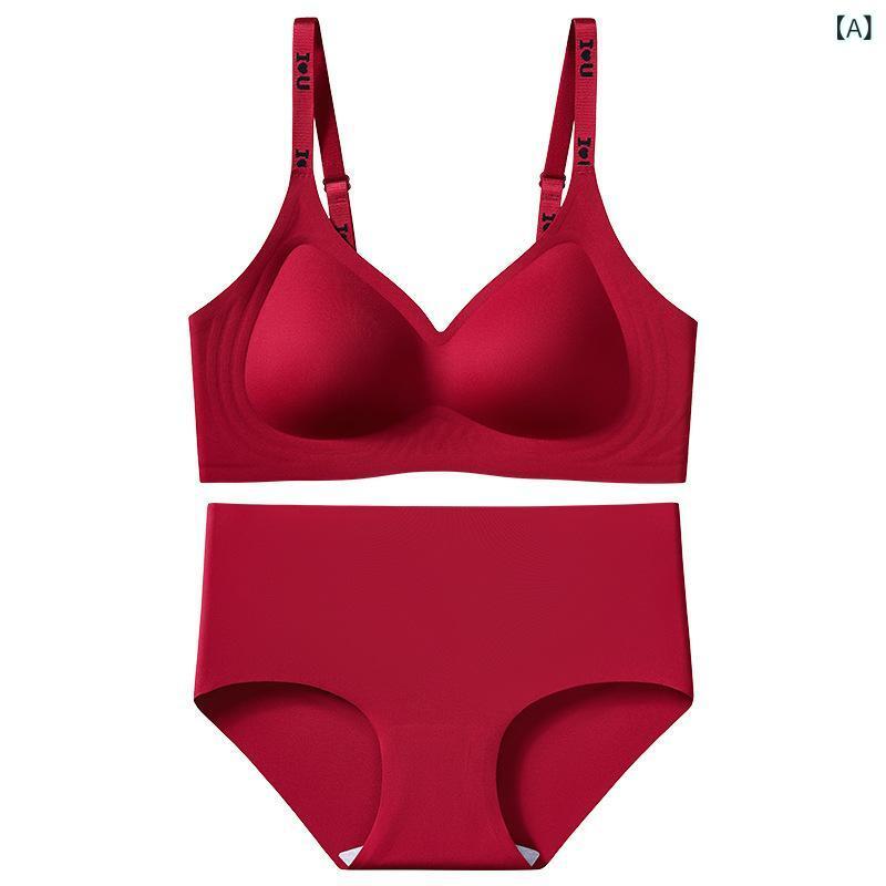 ブラジャー&amp;ショーツセット レディース 赤色 幸運 無縫製 小胸 盛れる フルカップ