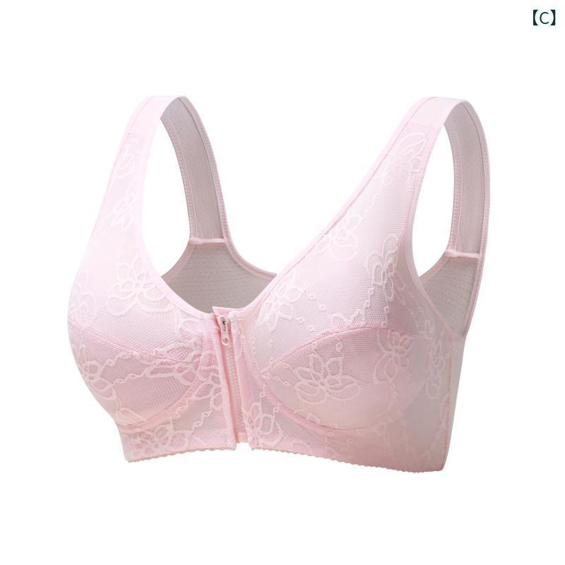 ブラジャー レディース ミセス 前開き ノンワイヤー シニア 薄手 全罩杯 コットン レース 背心式 肌色 ..