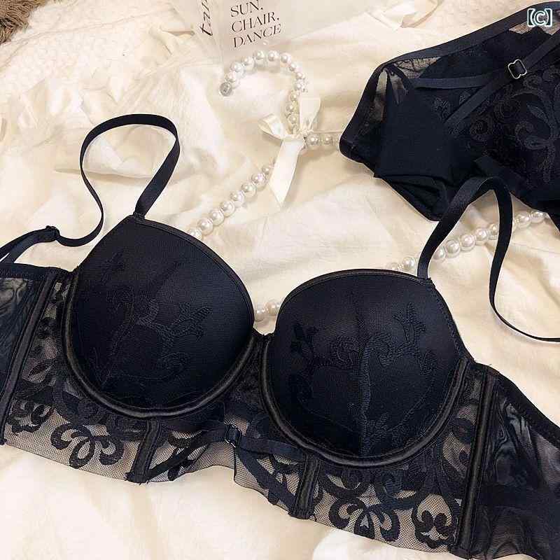 ブラジャー &amp; ショーツ レディース 赤 レース 刺繍 3/4カップ 谷間メイク 盛りブラ 快適 通気性
