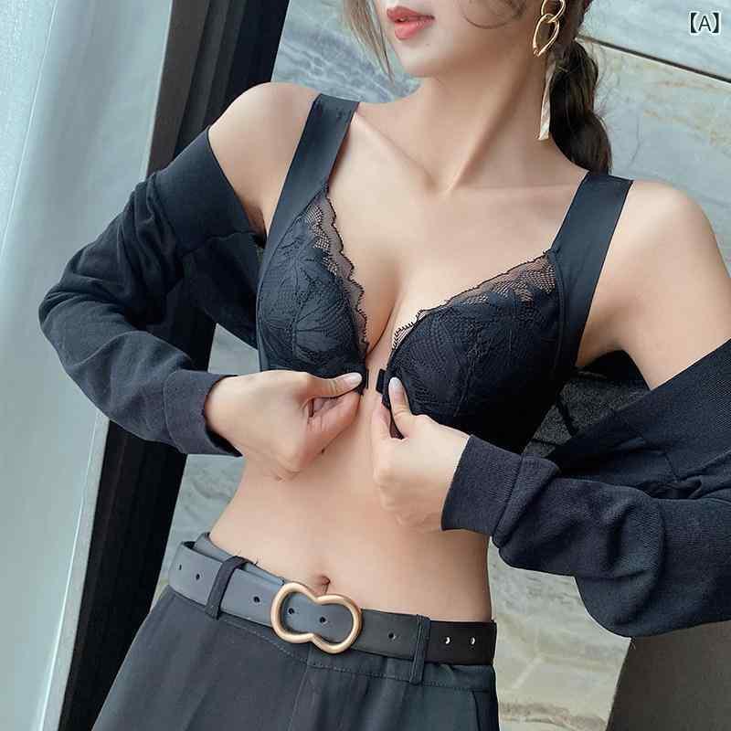ブラジャー レディース 大きいサイズ 薄手レース 寄せ上げ 美背 脇高 垂れ防止 ワイヤレス 前開き