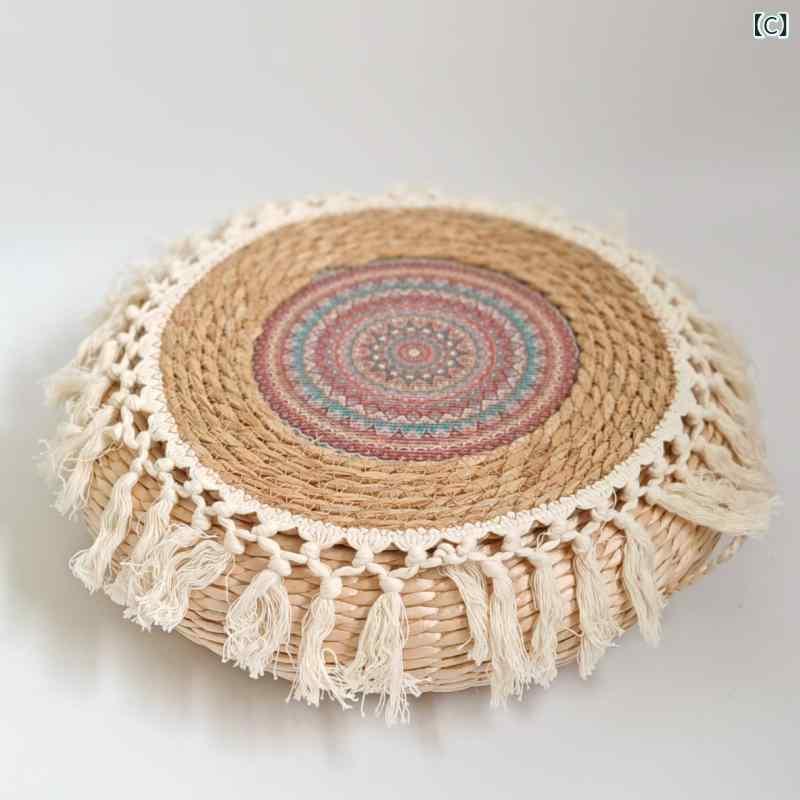 座布団 フロアクッション 円形 薄型 蒲草 房飾り 滑り止め ヨガ 瞑想 籐 ラグ