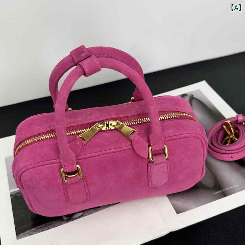 ボストンバッグ レディース スウェード 枕型 ショルダーバッグ 本革 斜めがけ 2way 高級感 車縫線 マグ..