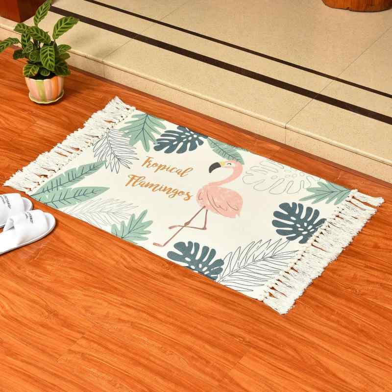 マット カーペット 玄関マット リビング ルーム 綿 韓国風 カートゥーン フラミンゴ柄 フリンジ 手洗い..