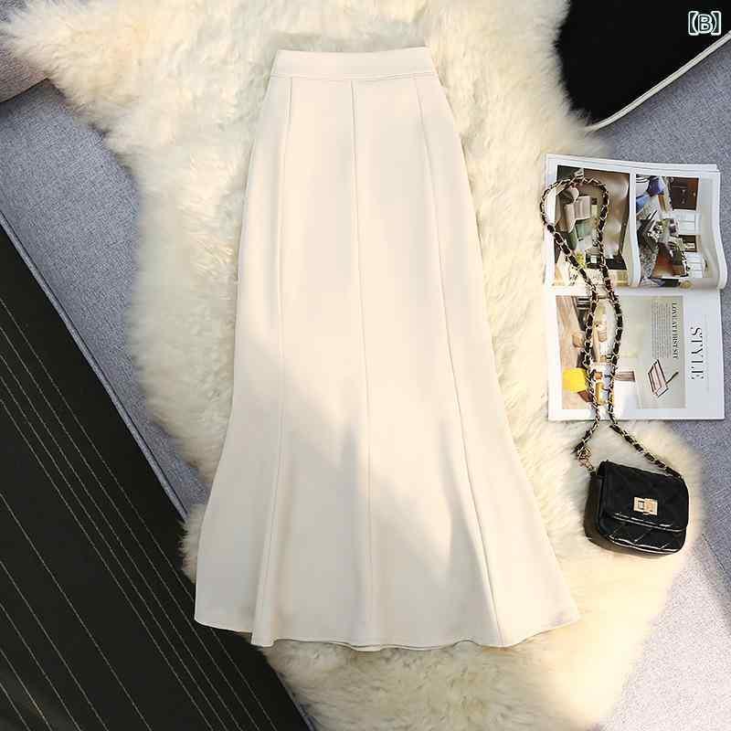 スカート レディース 春秋 高腰 着痩せ ミモレ丈 Aライン 不規則 アシンメトリー 切り替え マーメイドスカート ブラック オフホワイト パープル