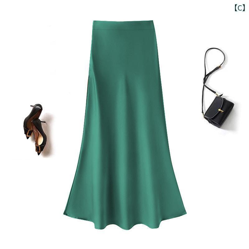 スカート レディース 魚尾スカート 膝丈 通勤 エレガント 無地 ポリエステル 高見え ブラック シャンパ..