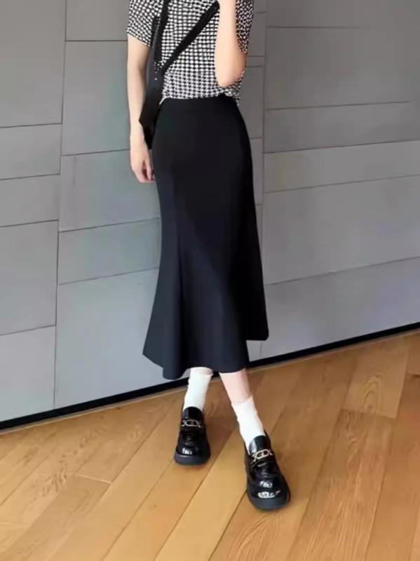 スカート レディース 春夏 高腰 Aライン 無地 膝丈 ミモレ丈 エレガント きれいめ ブラック ベージュ