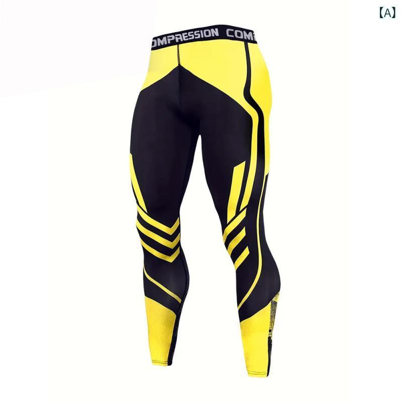 スポーツタイツ メンズ 高弾性 速乾 通気性 プリント ランニング トレーニング ロングパンツ バスケットボール サッカー スポーツ レギンス スパッツ ポリエステル 黄色 ブルー レッド 迷彩柄 ライン