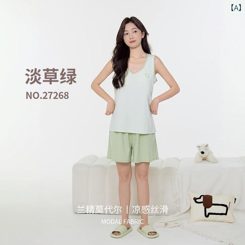 パジャマ レディース メンズ カップル モダールコットン ノースリーブ 短パン 上下セット 薄手 ラウン..