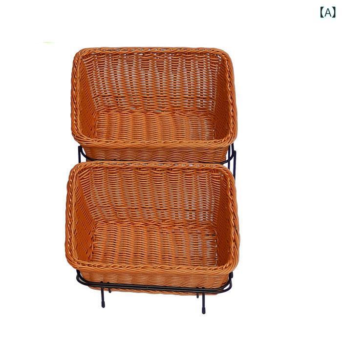 楽天トミーショップ 楽天市場店フルーツバスケット 2段 かご バスケット 籐風 編み込み トレー 梯形 ディスプレイ ラック ストッカー キッチン収納 果物 パン お菓子