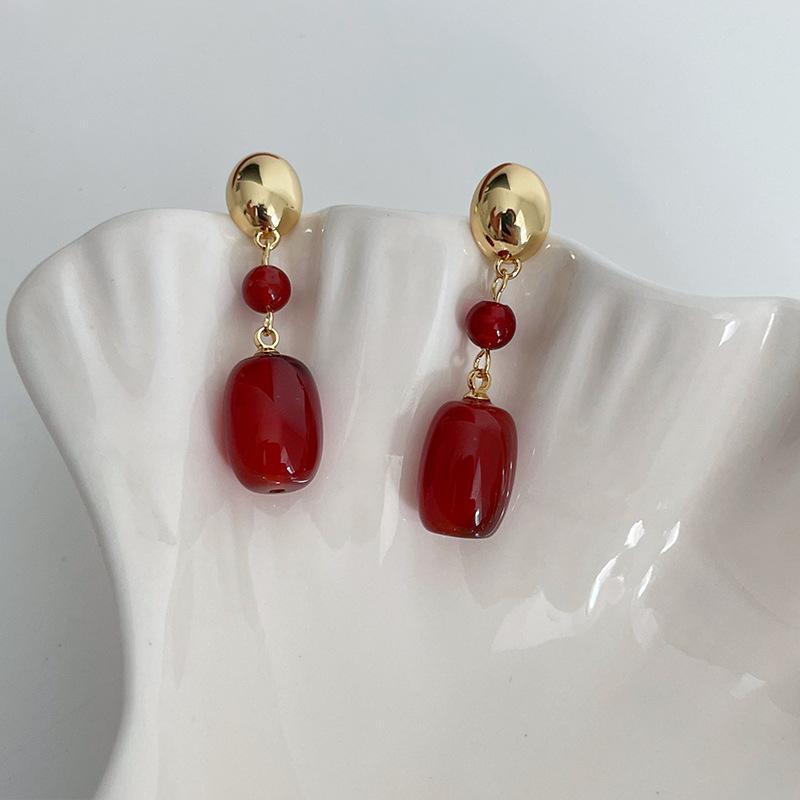 イヤリング レディース レッド瑪瑙 文芸復古 中国風 幾何学模様 925シルバー針 高級感 エレガント 瑪瑙..