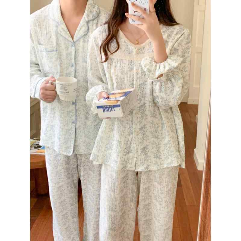 パジャマ レディース メンズ 春秋 長袖 フラワープリント 綿 寝巻き 上下セット 部屋着 ルームウェア ..