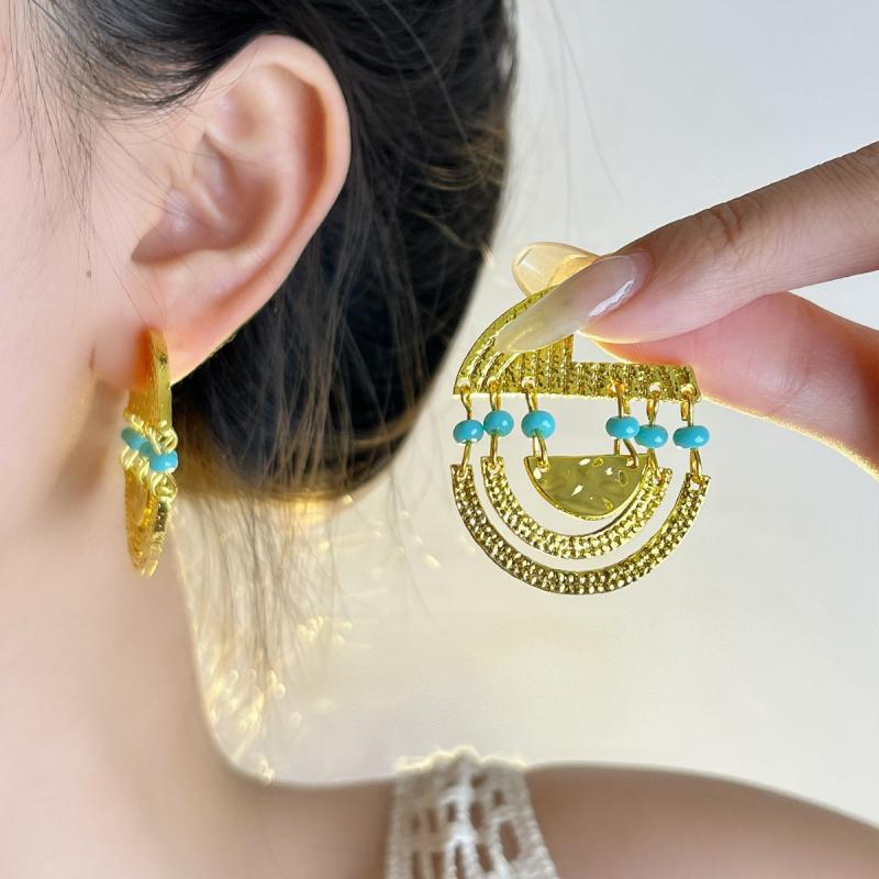 イヤリング レディース 幾何学模様 ターコイズ トルコ石 ビーズ 多層 サークル 小ぶり 個性的 デザイン..