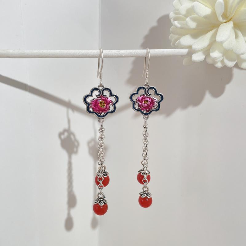 イヤリング レディース s925 シルバー 珐琅 焼付塗装 ブルー ピンク 牡丹 花柄 レッド タッセル レトロ ギフト プレゼント