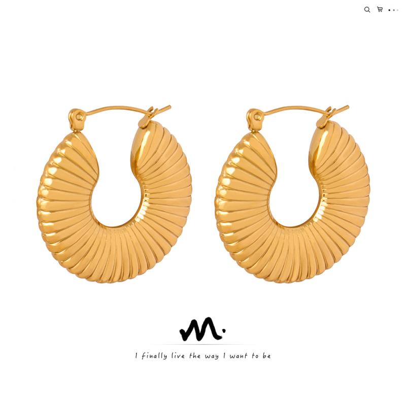 イヤリング レディース チタン鋼製 U字型 幾何学模様 個性的 テクスチャード 電気メッキ加工 金色 銀色..