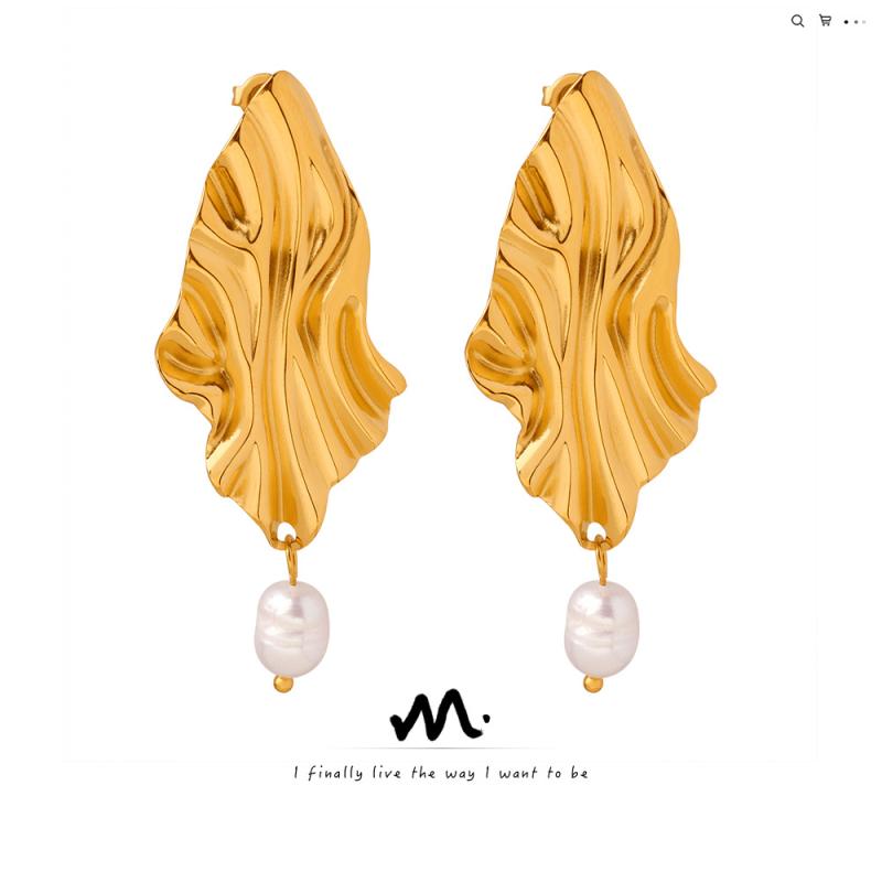 ピアス レディース チタン鋼 幾何学 淡水パール ドロップピアス イヤリング 電気メッキ加工 ファッショ..