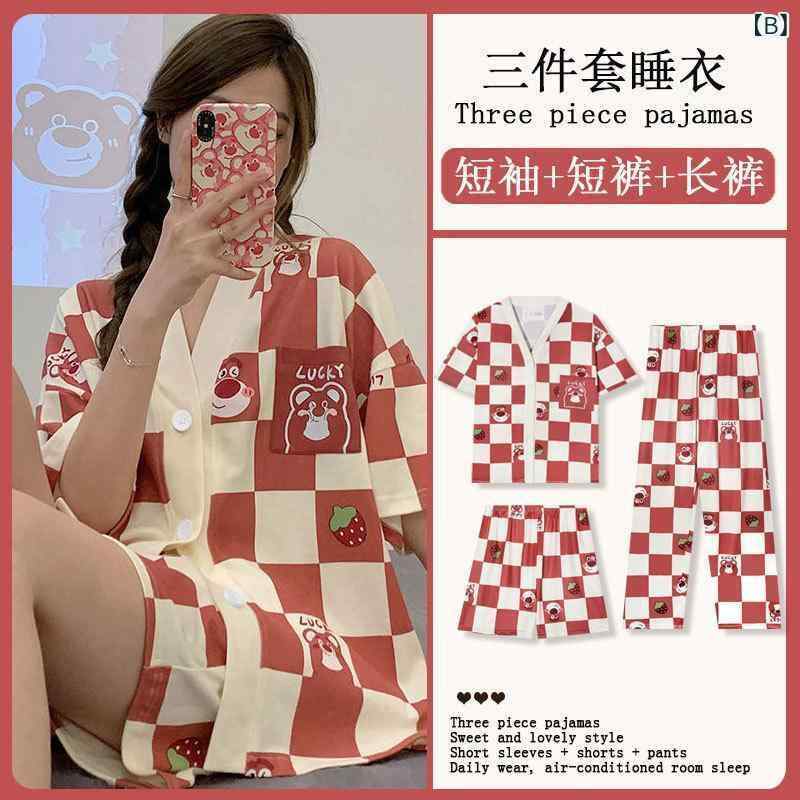 パジャマ レディース 大きいサイズ 半袖長ズボン 和風 薄手 部屋着 ルームウェア 3点セット ポリエステル イエロー系 チェック柄 ストロベリー柄 快適