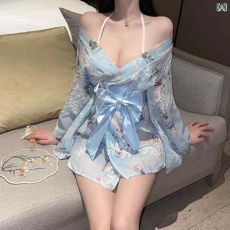 和服 レディース セクシー ランジェリー 浴衣 寝巻き 制服 コスチューム 刺繡 リボン 天使 水色 ピンク かわいい ポリエステル