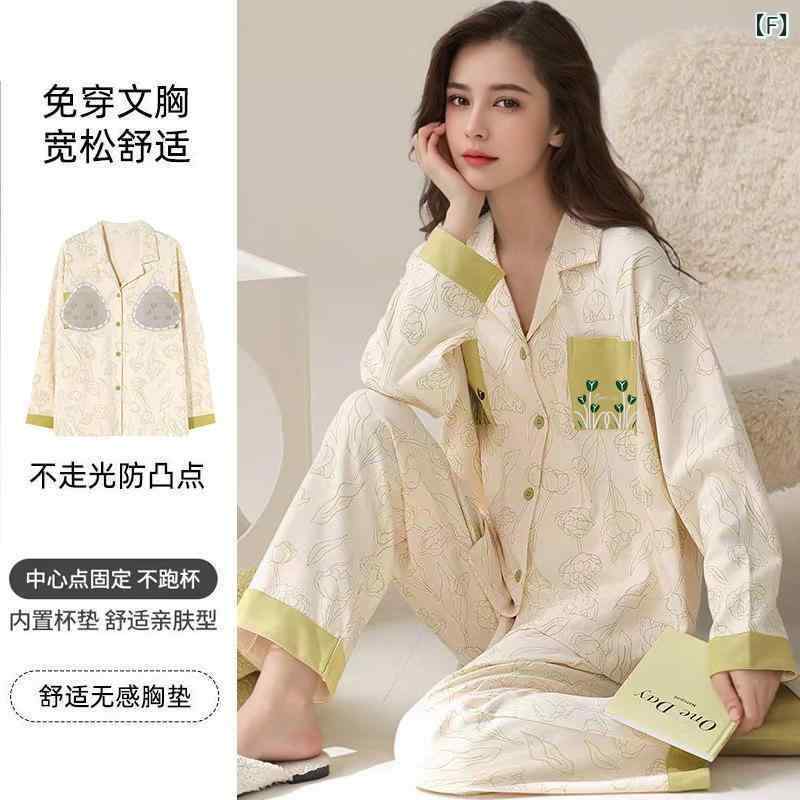 パジャマ レディース 春秋 ルームウェア 綿 長袖 上下セット 胸パッド付き 襟付き 前開き 大きいサイズ..