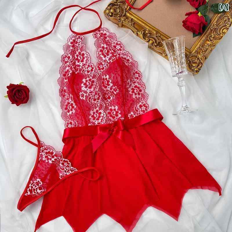 ランジェリー レディース セクシー レース メッシュ 透け感 Tバック ショーツ スリップ ナイトドレス ..