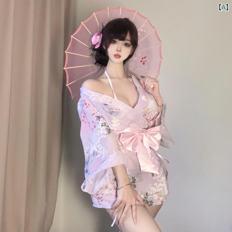和服 レディース セクシー ランジェリー コスプレ 浴衣 雪紡 シフォン 蝶結び リボン 刺繍 ピンク系 ブ..