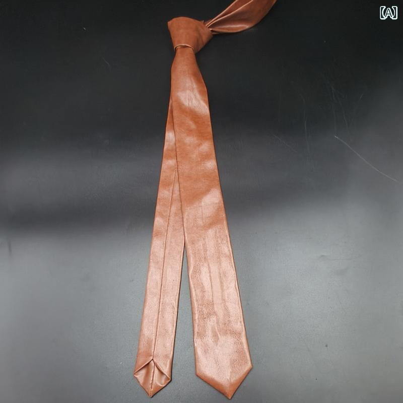 ネクタイ 男性用 女性用 PUレザー 革 無地 細身 レトロ ブラック 黒 ブラウン 茶色 ブルー 青 ワインレッド ポリエステル 普段使い