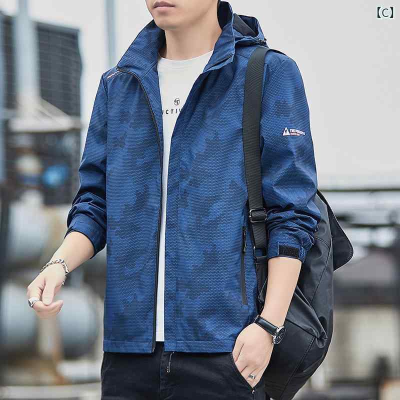 ジャケット 男性用 マウンテンパーカー アウトドア 撥水 防風 軽量 迷彩 ポリエステル ブラック グレー ブルー 春秋