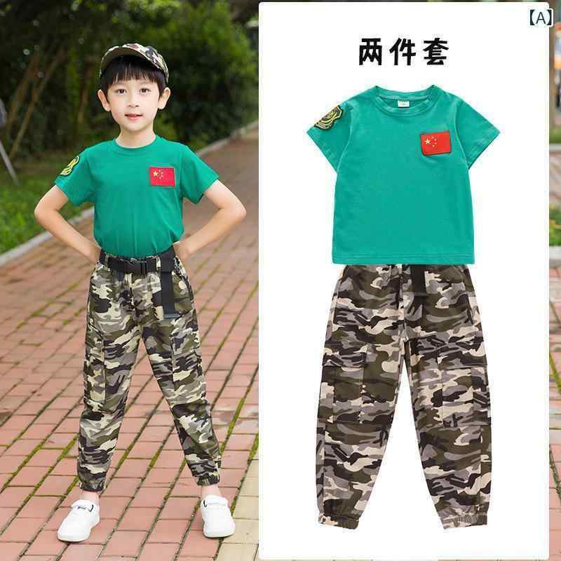 迷彩服 キッズ 子供用 迷彩柄 セットアップ 半袖 長ズボン 上下セット 春夏 秋冬 綿 中大童 野外活動 ..