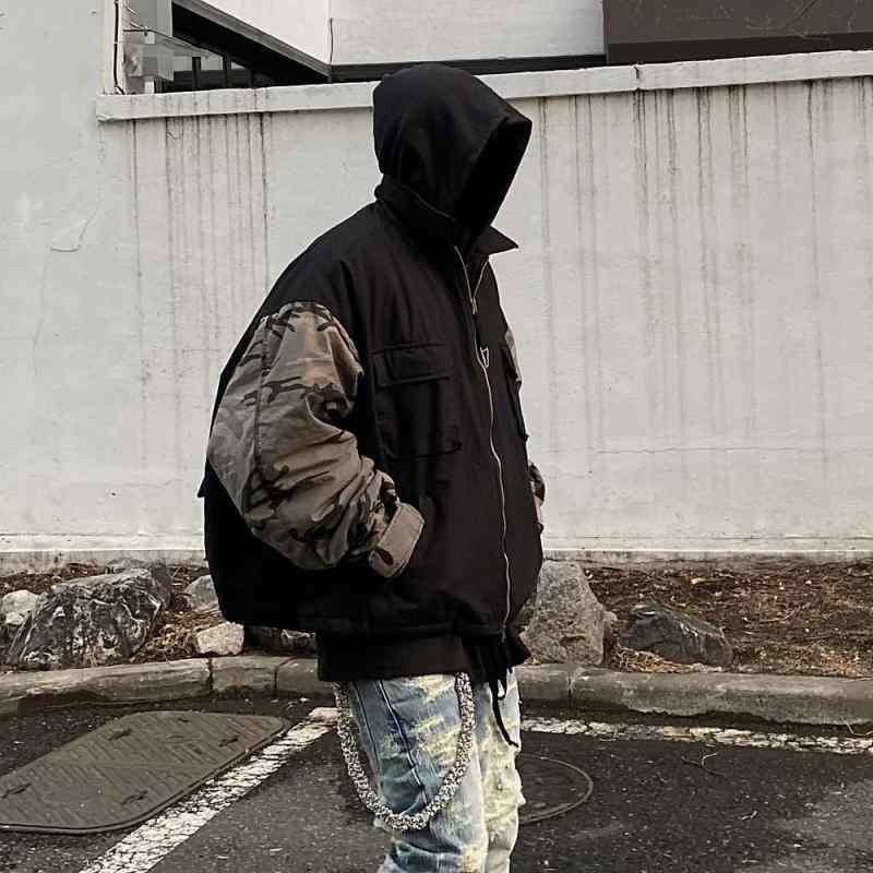ジャケット メンズ 迷彩柄 秋冬物 宽松 高街 カジュアル 切り替え コットン 青年 ブラック