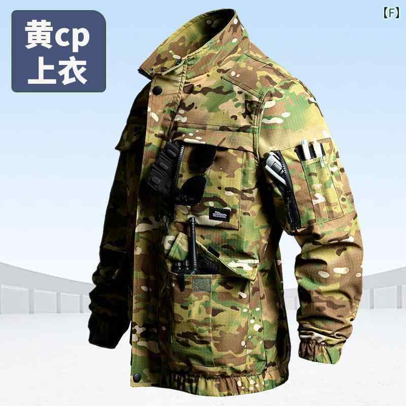 迷彩服 男性用 春秋 耐摩耗 上下セット 作業服 サバゲー 装備 戦闘服 タクティカルウェア アウトドア 黄色系 CP迷彩 緑森林