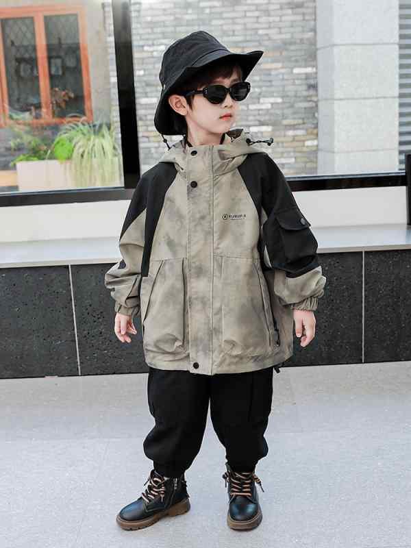 キッズ アウター 男の子 迷彩柄 ジャケット 春秋 高襟 長袖 ポリエステル ミリタリー ワーク ブラック