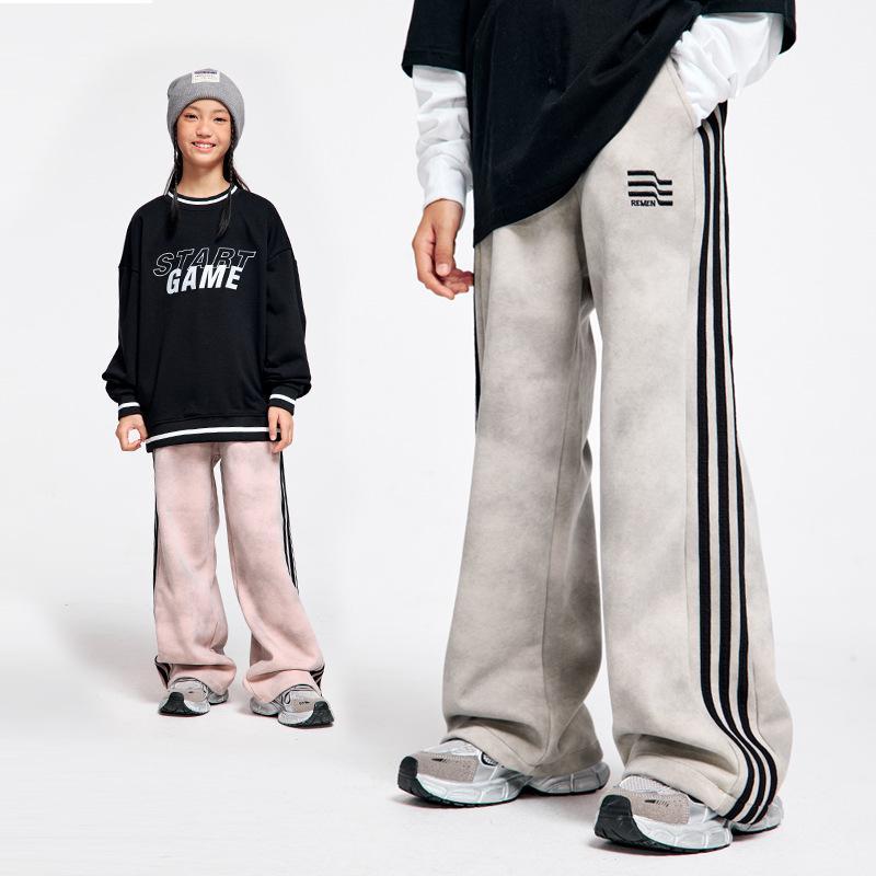 子供服 スウェットパンツ 春秋 男女兼用 ゆったり ワイドレッグ ロングパンツ ミドルライズ コットン 130cm 140cm 150cm 170cm ベージュ ブラック ピンク系