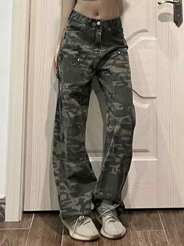 デニム レディース 迷彩柄 ストレートパンツ ワイドレッグパンツ ロングパンツ ミリタリー 中厚手 コットン ポリエステル(4)