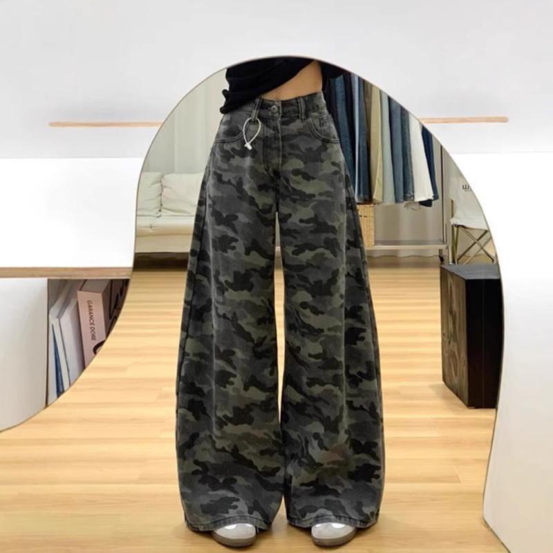デニム レディース 迷彩柄 ワイドパンツ 春夏 レトロ ハイウエスト ゆったり ストレートパンツ カジュアル 韓国風