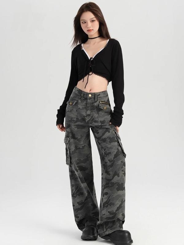 ジーンズ レディース 高腰 ストレート 迷彩柄 ワークパンツ デニムパンツ 綿 ジーパン 春夏 カジュアル スタイル