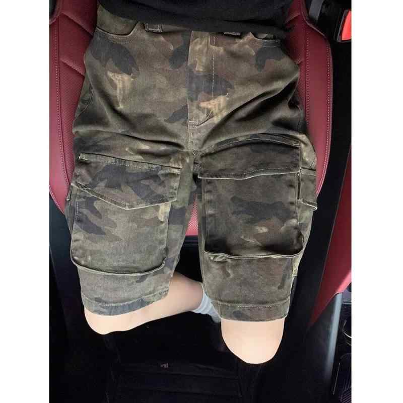 ジーンズ メンズ 多ポケット 迷彩柄 デニムパンツ ショートパンツ 水洗い加工 ゆったり ストレート カーゴパンツ ミリタリー アメカジ