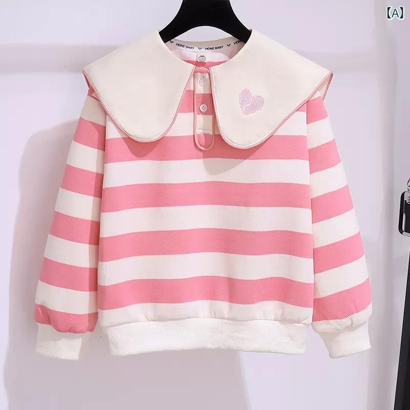 子供服 スウェット ガールズ 長袖 トップス 春秋 ボーダー ストライプ かわいい パフスリーブ プルオーバー 女の子 普段着 ピンク系 ブラック