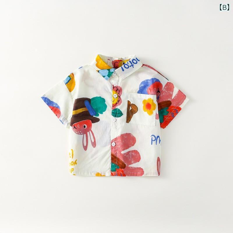 シャツ キッズ ベビー 子供服 半袖 長袖 コットン 襟付き トップス カートーン プリント 春秋 かわいい 柔らかい 通気性