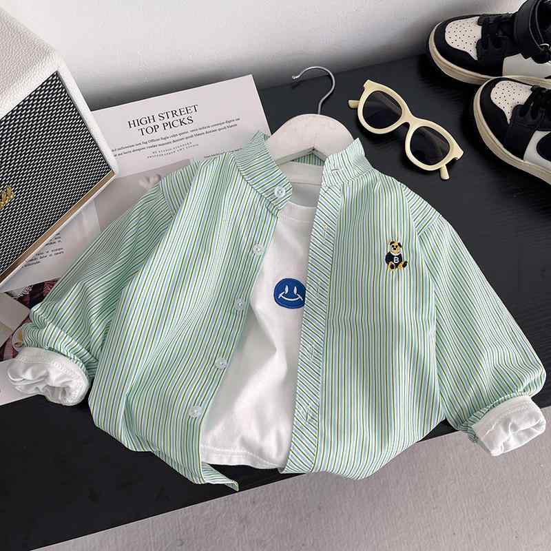 シャツ キッズ 男の子 ストライプ 薄手 長袖 カーディガン トップス 春秋 韓国風 青 ブルー 80 90 100 ..