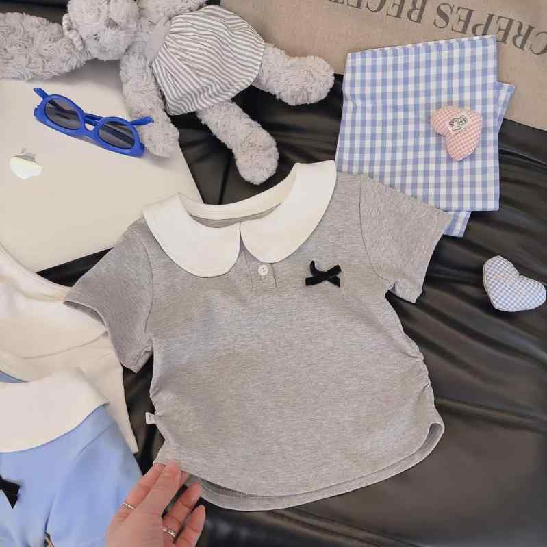 Tシャツ ガールズ キッズ 韓国風 半袖 トップス ブラウス パフスリーブ 襟付き 蝶結び かわいい おしゃれ 夏 綿100% 通学 普段着