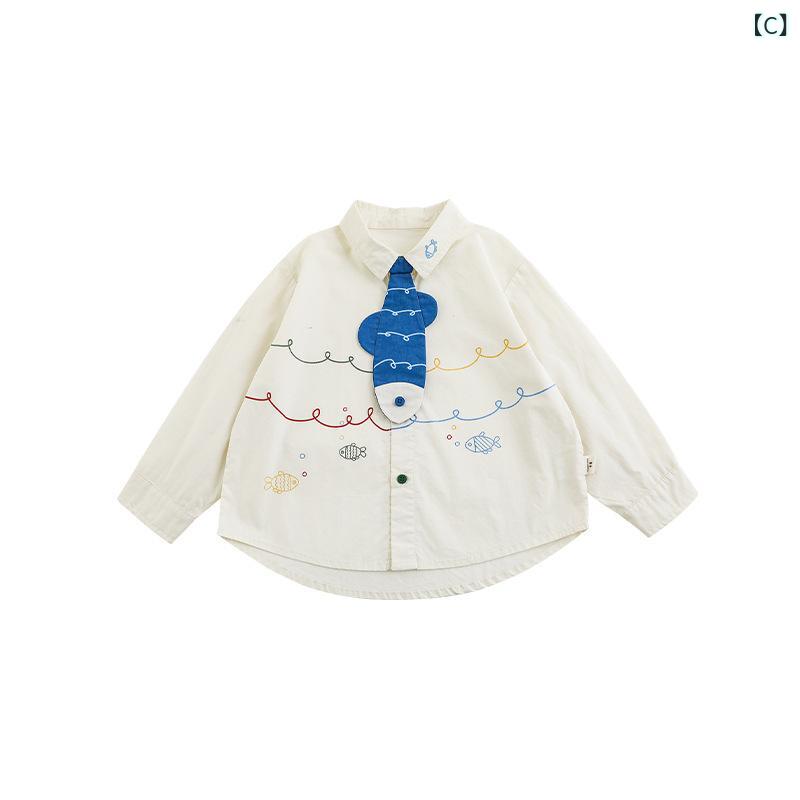 シャツ 男の子 キッズ 長袖 カッターシャツ コットン 春 前短後長 翻領 小魚柄 カートーン ベージュ イ..