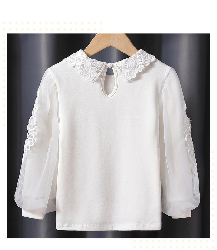 Tシャツ ガールズ 春秋 長袖 コットン 花柄 パフスリーブ 子供服 トップス 潮 翻襟 白 110cm 120cm 130cm 140cm 150cm 160cm