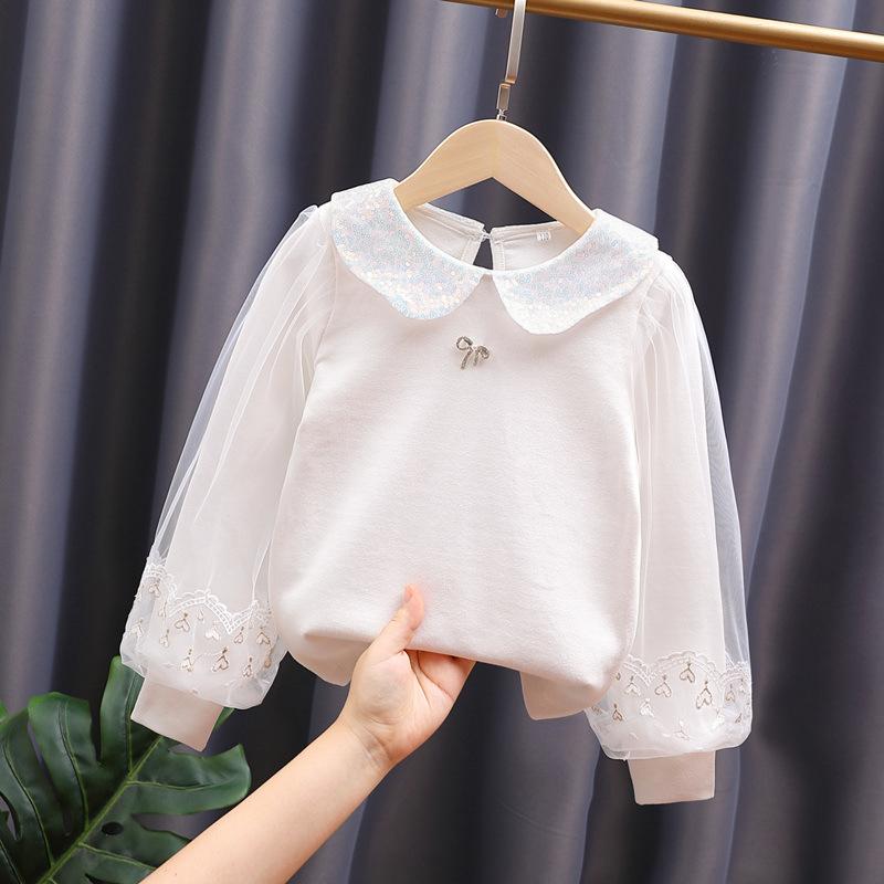 子供服 Tシャツ 長袖 トップス 女の子 春秋 綿100% パフスリーブ 襟付き 無地 通学着 普段着 かわいい 白 110cm 120cm 130cm 140cm 150cm