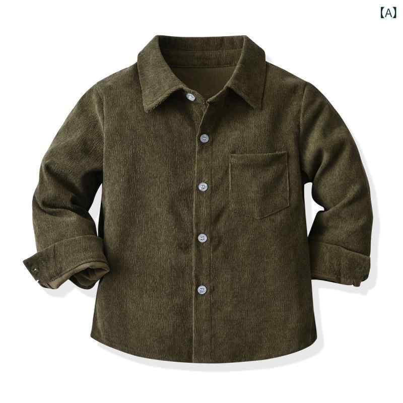 シャツ キッズ 男の子 長袖 コーデュロイ カジュアル 春秋 冬 ミリタリーグリーン トップス ボーイズ ..